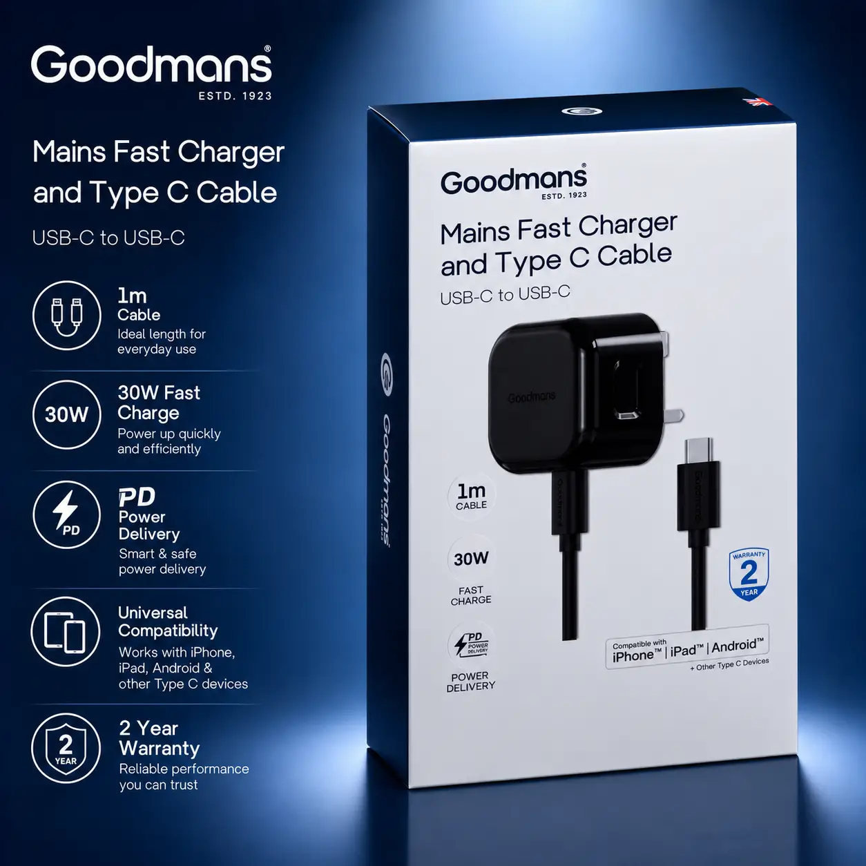 Goodmans Type C Mains Charger & Cable - Black