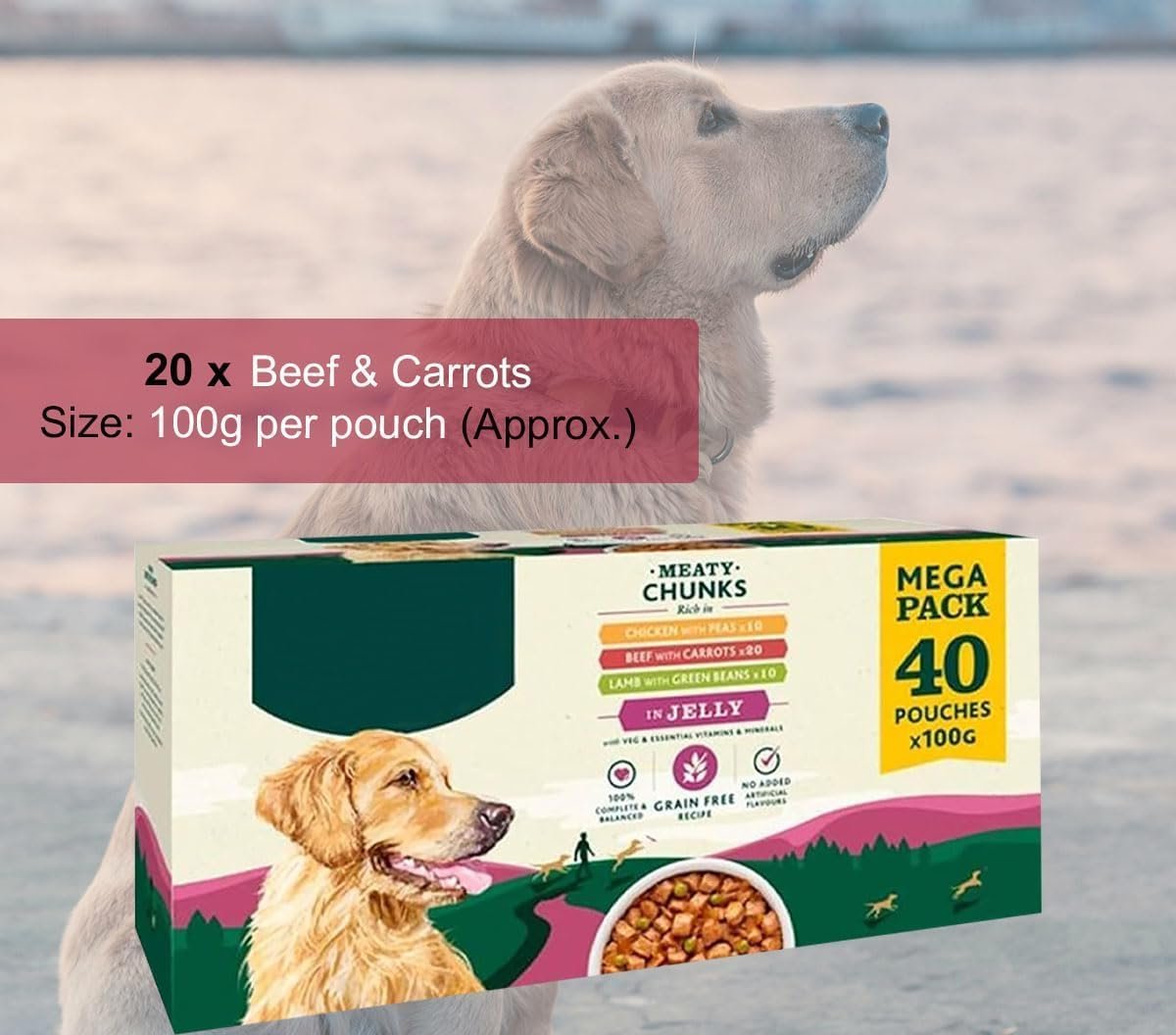 Dog Food Perfect Portions in Jelly Adult Wet Dog Food Pouches, Dog Food Wet 20x Beef & Carrots, 10x Chicken & Peas, 10x Lamb & Green Beans, 100g Each - Image 3