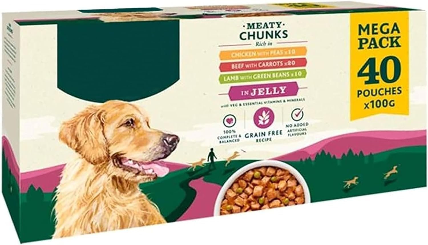 Dog Food Perfect Portions in Jelly Adult Wet Dog Food Pouches, Dog Food Wet 20x Beef & Carrots, 10x Chicken & Peas, 10x Lamb & Green Beans, 100g Each