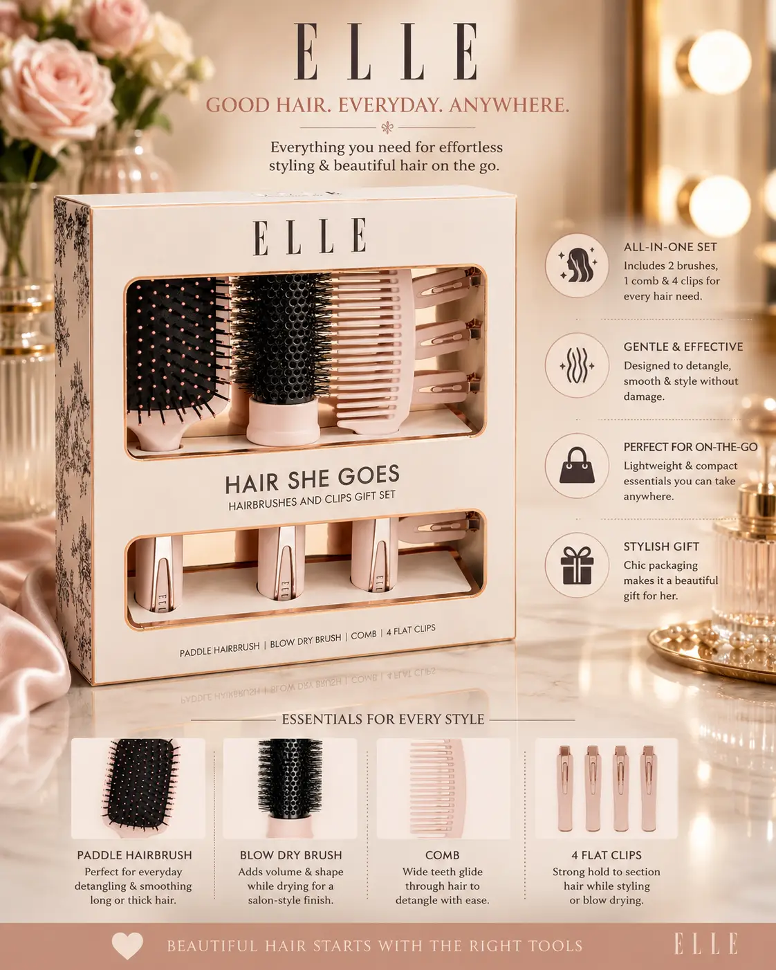 7Pcs Elle Hairbrush Gift Set Assortment Of Stylish Brushes Perfect Xmas Gift