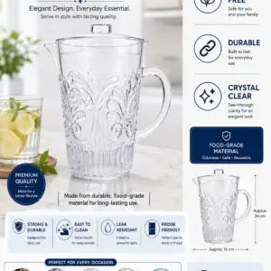 3 Litre Clear Plastic Water Jug with Lid | Decorative BPA-Free Serving Pitcher | Durable Juice, Water & Iced Tea Jug for Home, Fridge, Garden Parties & Office.