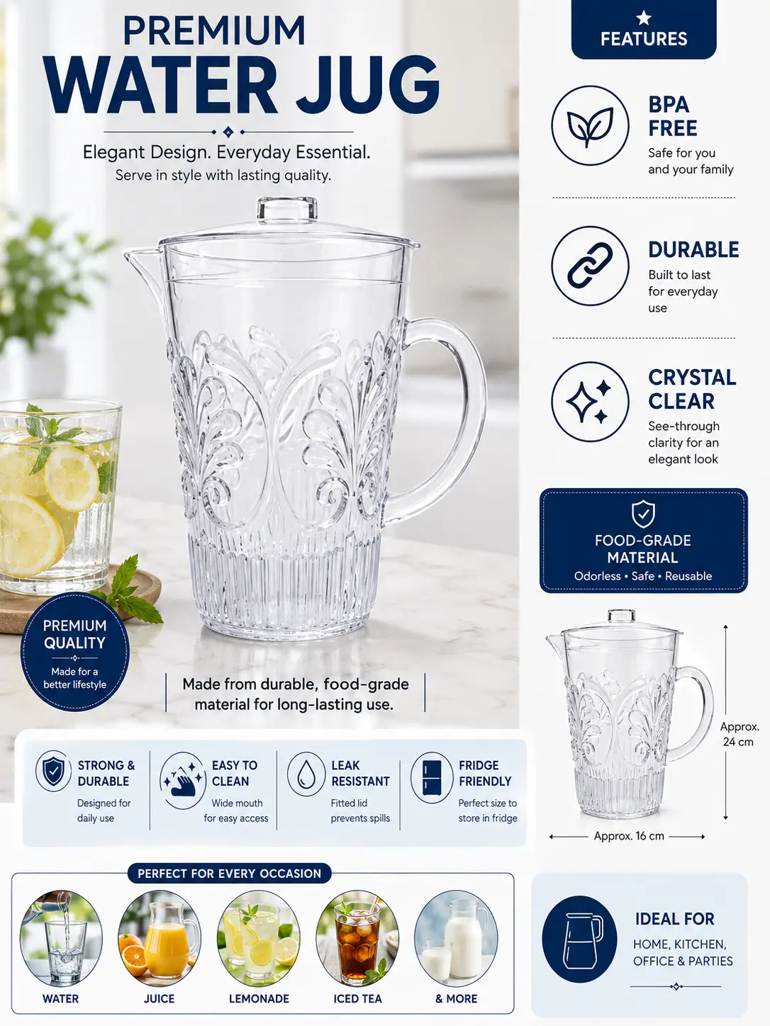 3 Litre Clear Plastic Water Jug with Lid | Decorative BPA-Free Serving Pitcher | Durable Juice, Water & Iced Tea Jug for Home, Fridge, Garden Parties & Office.