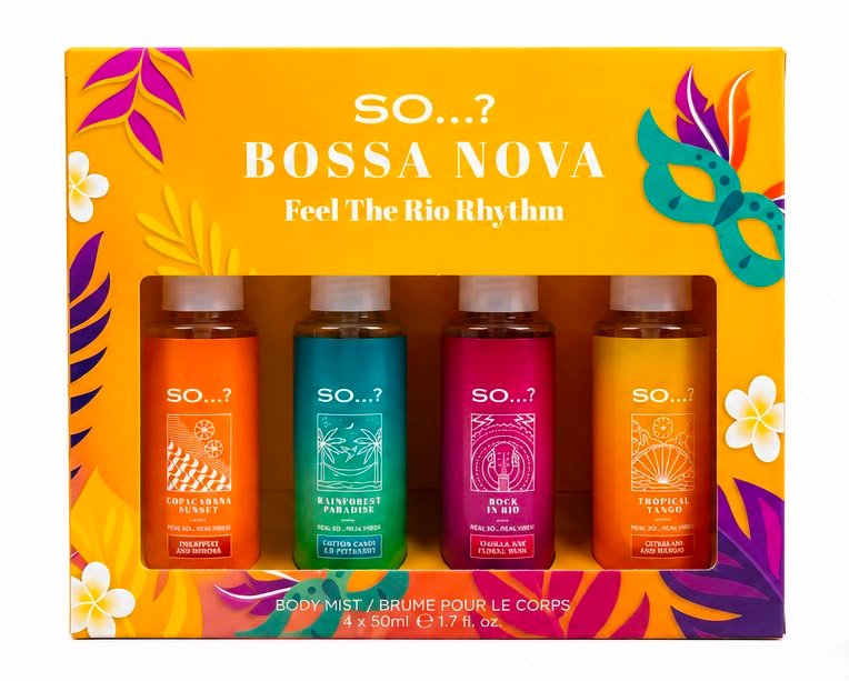 Fizporium SO…? Bossa Nova Body Mist Gift Set for Women – 4 x 50ml Fragrance Body Sprays | Copacabana Sunset, Rainforest Paradise, Rock in Rio & Tropical Tango | Ladies Gift Set.