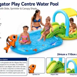Alligator Play Centre Inflatable Water Pool with Slide, Sprinkler & Canopy Sun Shade
