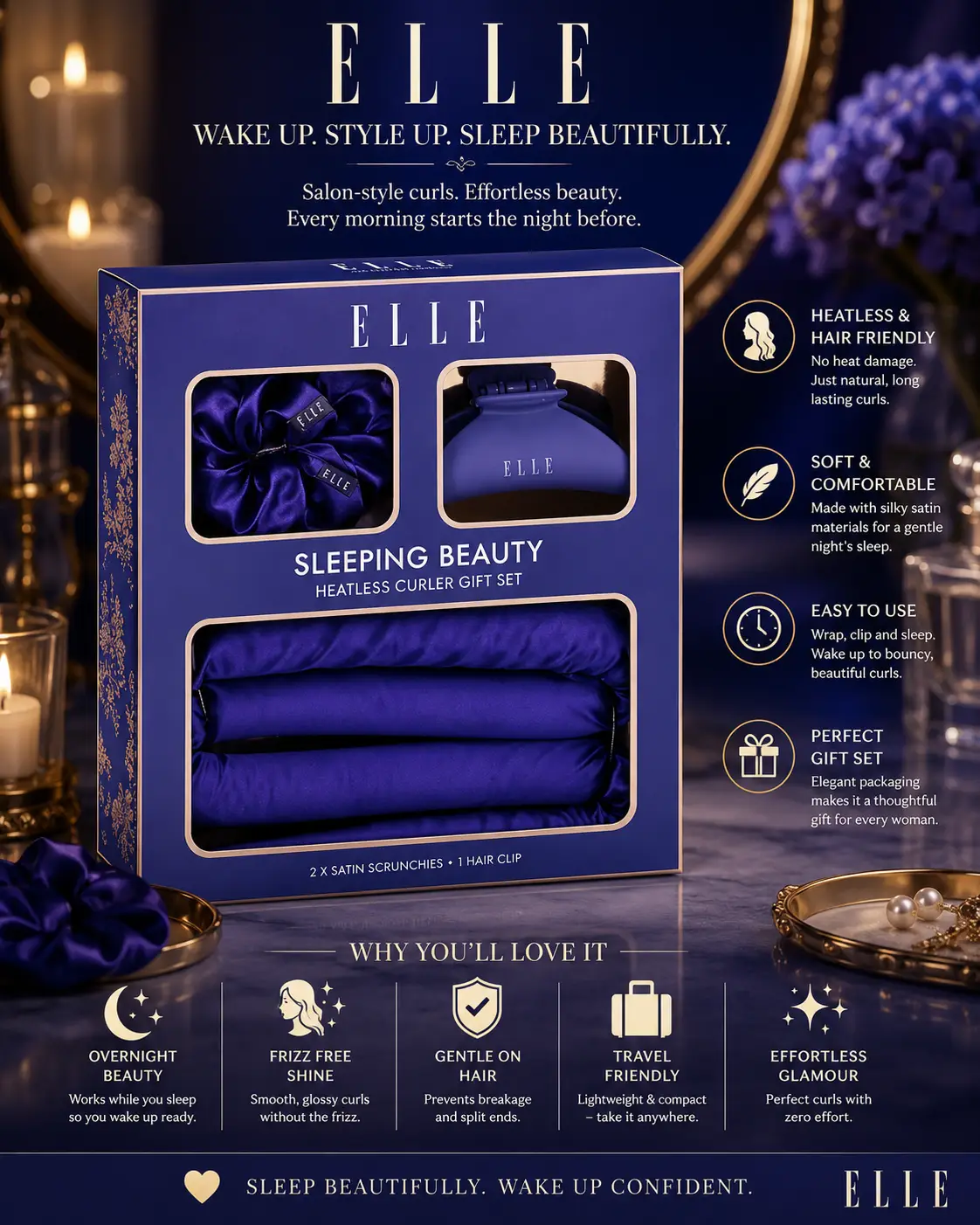 New Blue Sleeping Beauty Set Perfect Curls in The Morning Without Any Heat Damage Includes Heatless Curler, Scrunchies and Hair Clip Great as a Gift for Friends or Family - A47
