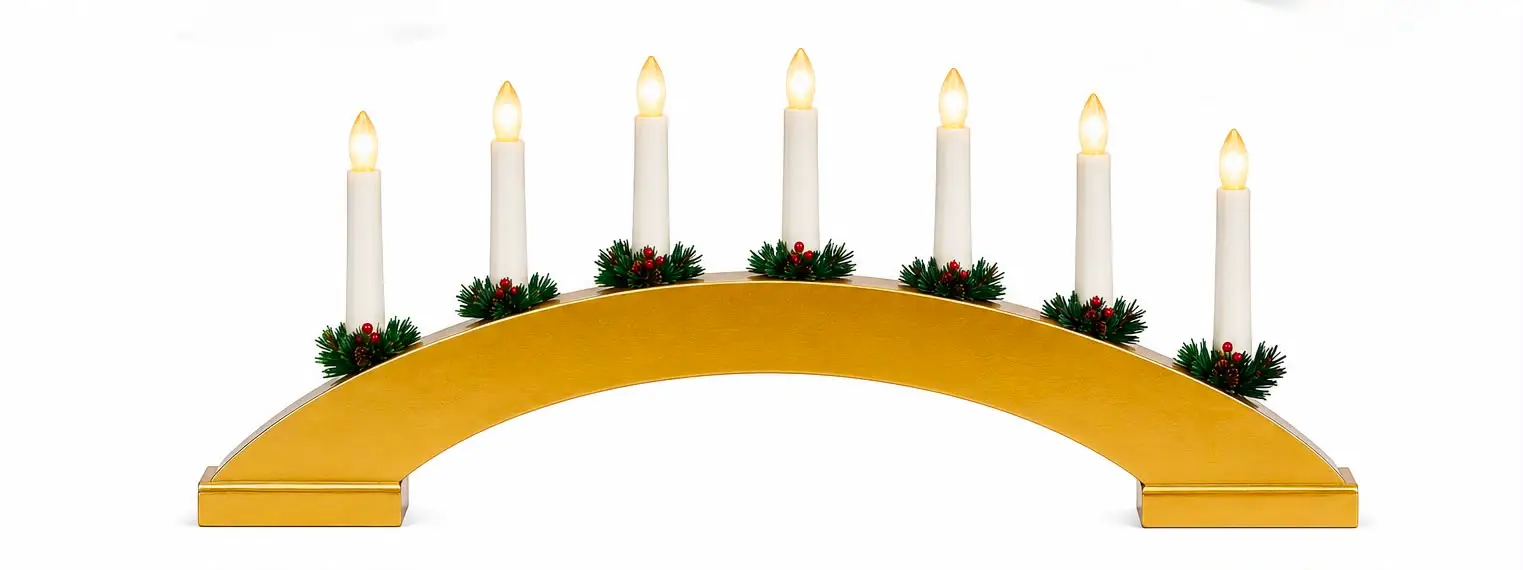 Gold Wooden Candle Bridge with 7 Warm White LED Candles – Battery Operated Christmas Decoration