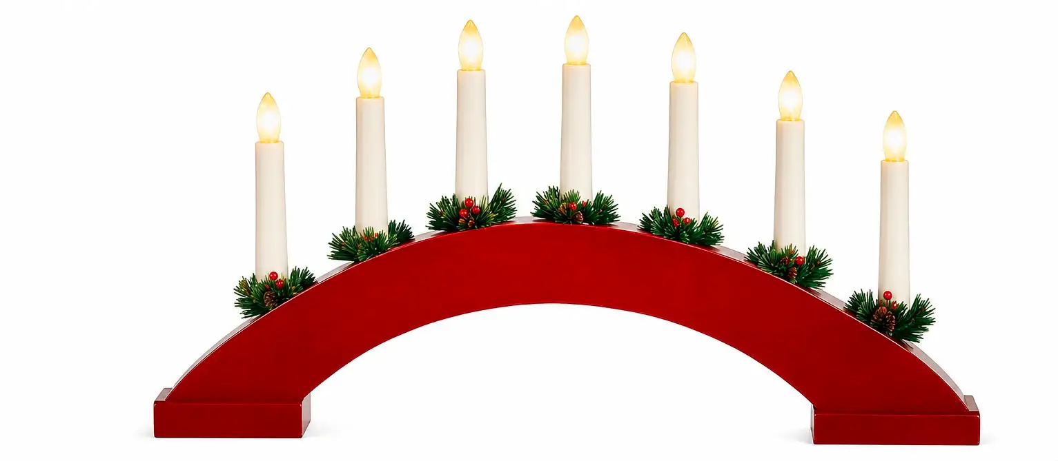 Red Wooden Candle Bridge with 7 Warm White LED Candles – Battery Operated Christmas Decoration