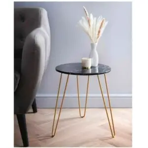 Malvern Black Marble Effect Side Table with Gold Hairpin Legs – 40cm x 40cm x 45cm