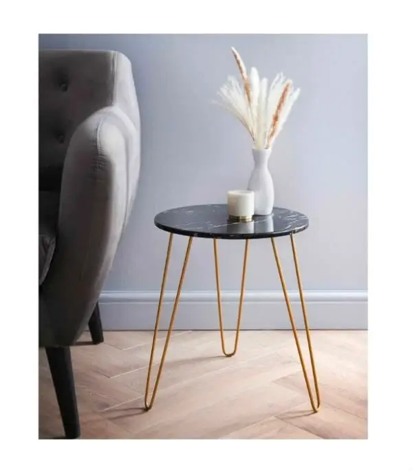 Malvern Black Marble Effect Side Table with Gold Hairpin Legs – 40cm x 40cm x 45cm