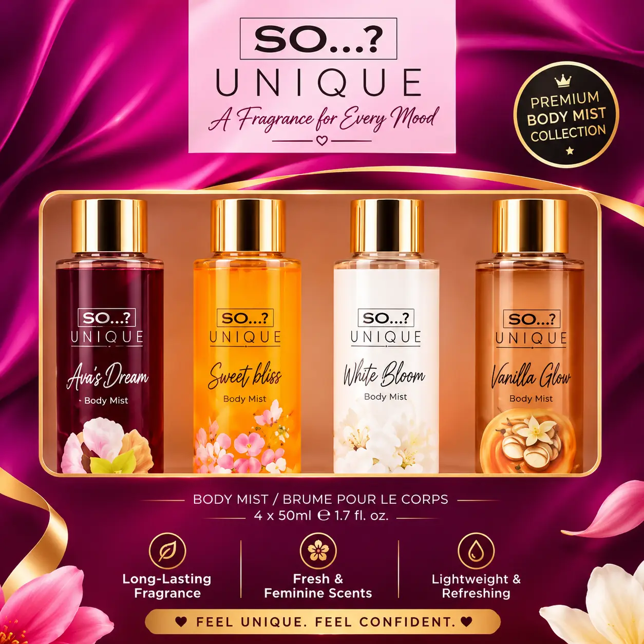 Unique Body Mist Gift Set for Women – 4 x 50ml Fragrance Body Sprays | Vanilla Candy, Sweet Pea, White Blossom & Truffle Cream | Ladies Perfume Gift Set