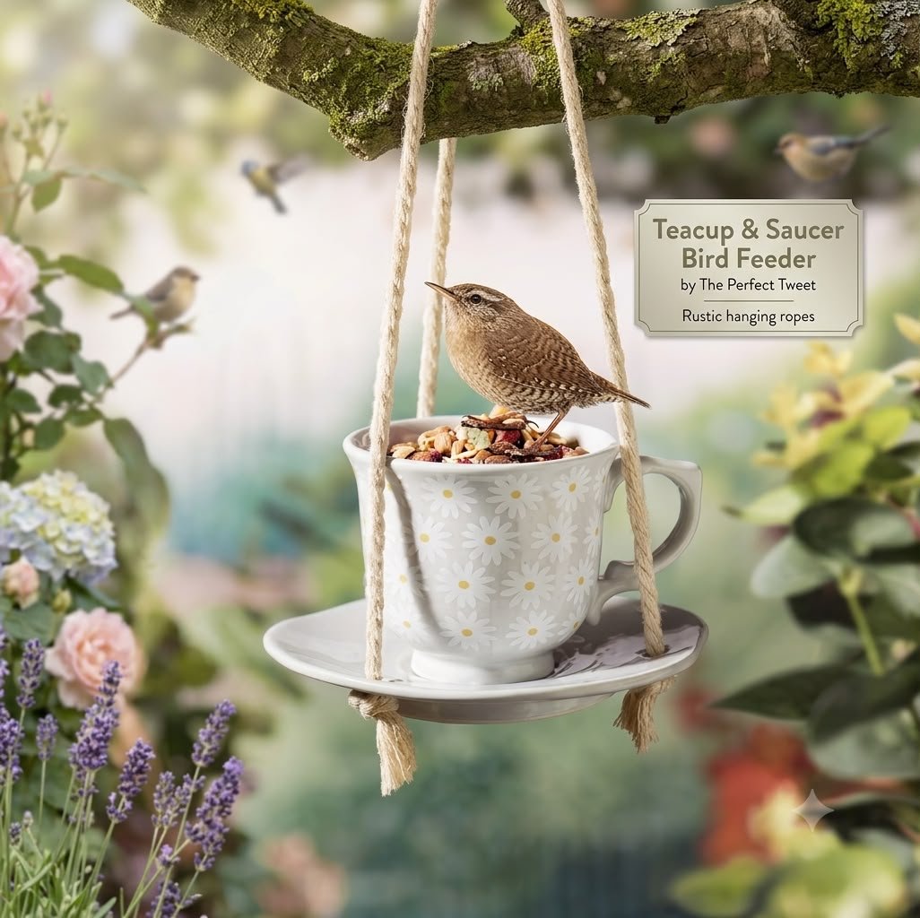 Product Title The Perfect Tweet Teacup & Saucer Bird Feeder – Ceramic Hanging Garden Bird Feeder with Daisy Pattern