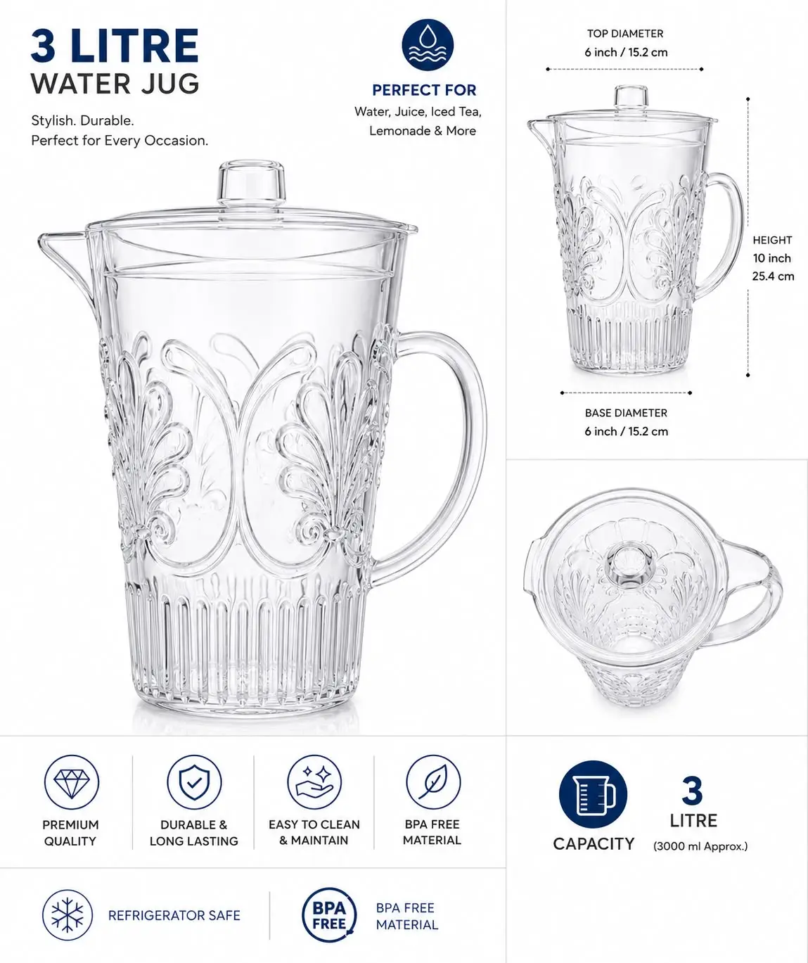 3 Litre Clear Plastic Water Jug with Lid | Decorative BPA-Free Serving Pitcher | Durable Juice, Water & Iced Tea Jug for Home, Fridge, Garden Parties & Office. - Image 3