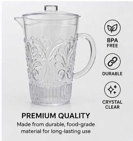 3 Litre Clear Plastic Water Jug with Lid | Decorative BPA-Free Serving Pitcher | Durable Juice, Water & Iced Tea Jug for Home, Fridge, Garden Parties & Office.