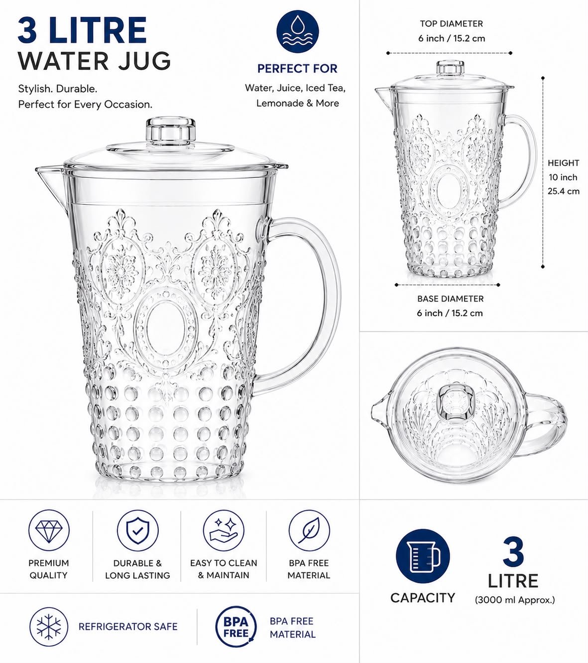3 Litre French Style Clear Plastic Water Jug with Lid | BPA-Free Serving Pitcher | Durable Drinks Jug for Water, Juice, Lemonade & Iced Tea - Image 3