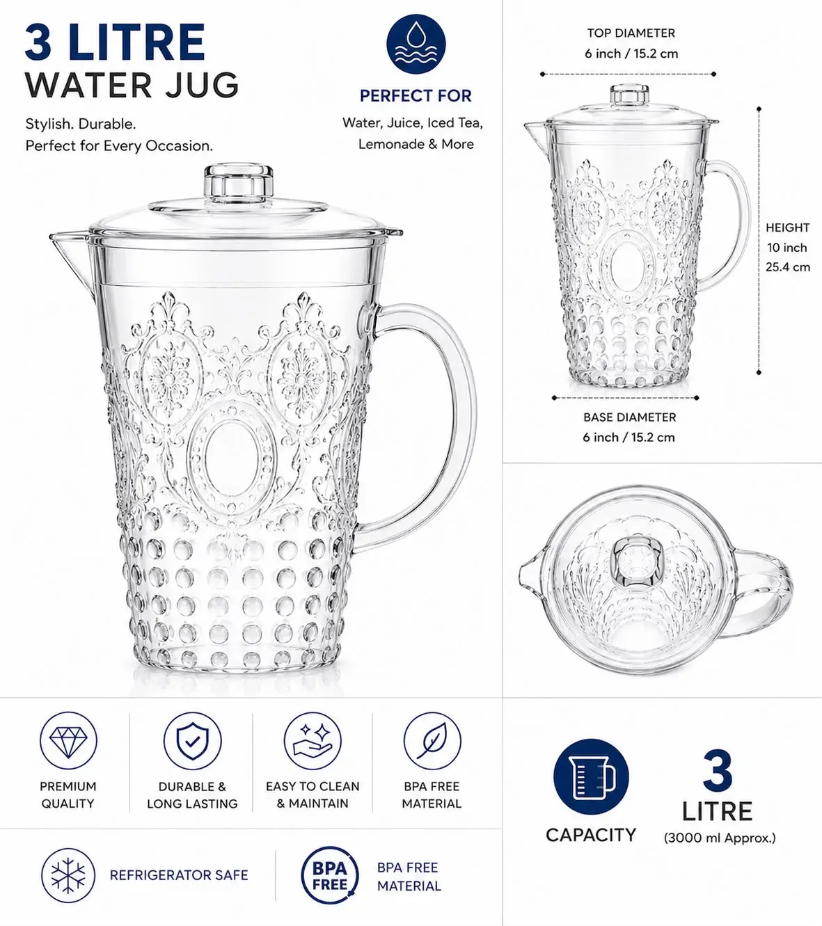 3 Litre French Style Clear Plastic Water Jug with Lid | BPA-Free Serving Pitcher | Durable Drinks Jug for Water, Juice, Lemonade & Iced Tea - Image 3