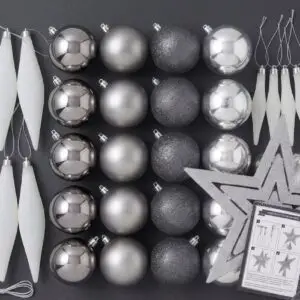 Festive Feeling 52-Piece Silver & White Christmas Tree Decoration Set with Tree Topper
