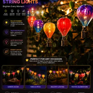 Solar Hot Air Balloon String Lights, 10 Multicoloured Flickering Lanterns, Outdoor Garden Decorative Ornaments, 4.51m Length Hanging Lanterns