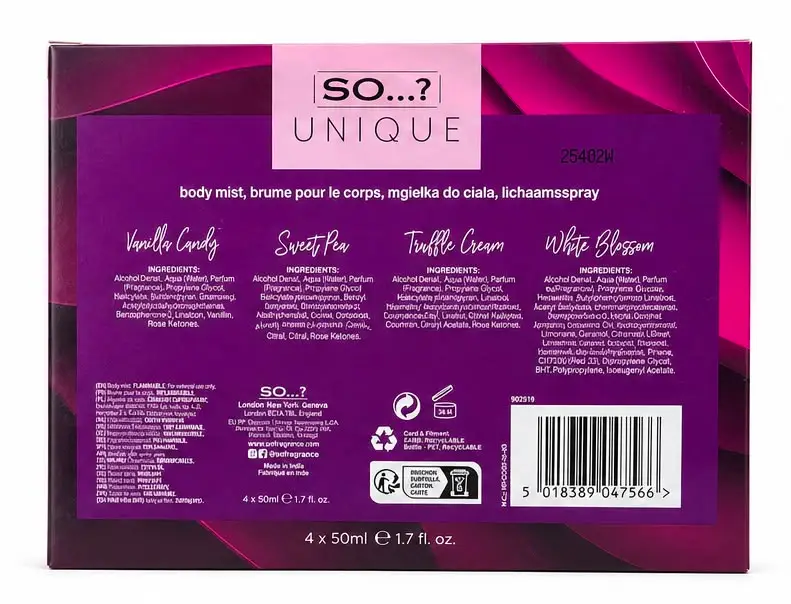 Unique Body Mist Gift Set for Women – 4 x 50ml Fragrance Body Sprays | Vanilla Candy, Sweet Pea, White Blossom & Truffle Cream | Ladies Perfume Gift Set - Image 3