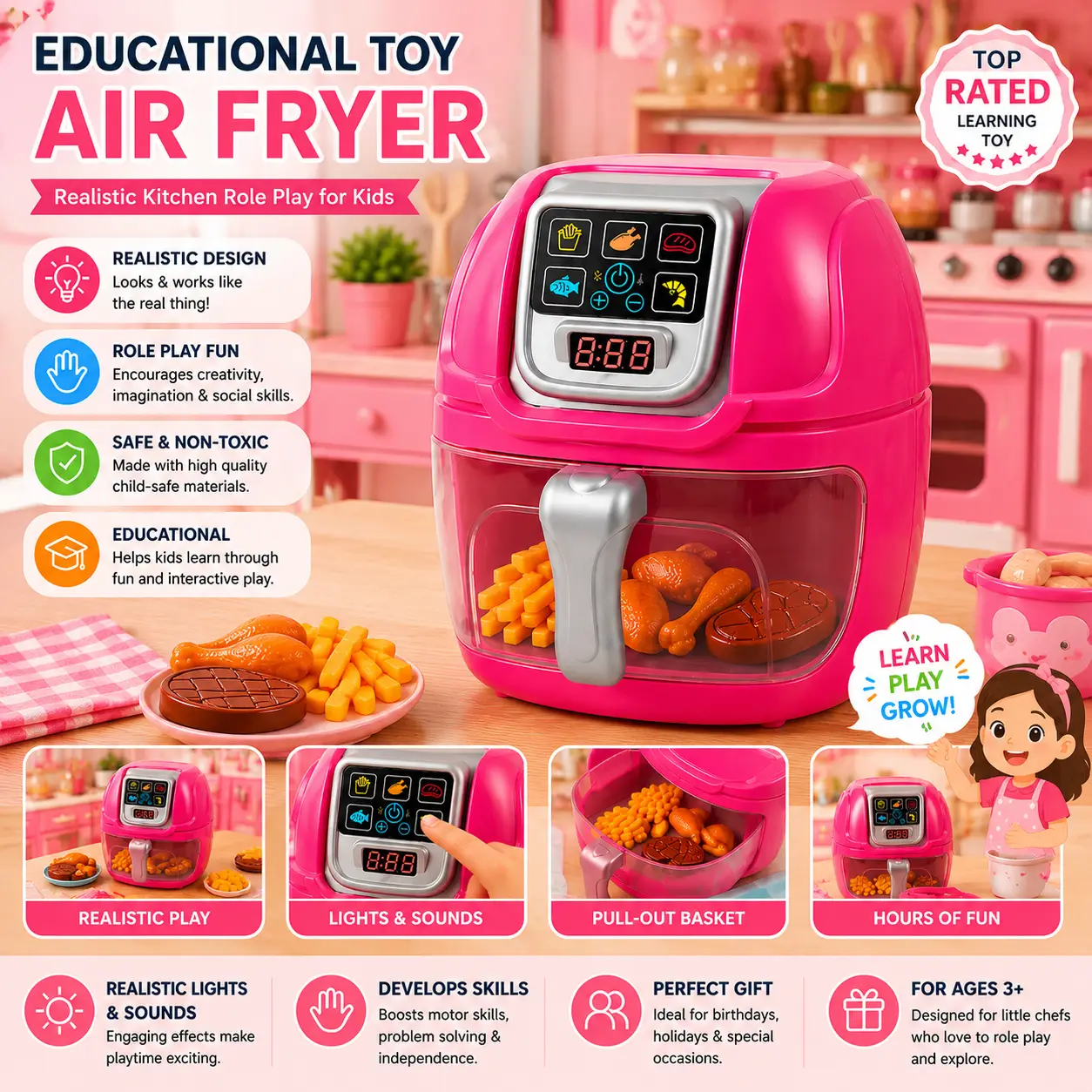 Kids Smart Sensor LED Cooking Oven Fryer Toy - Pretend Play Kitchen for Kids