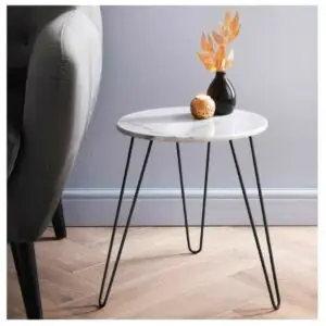 Malvern White Marble Effect Side Table with Black Hairpin Legs – 40cm x 40cm x 45cmza