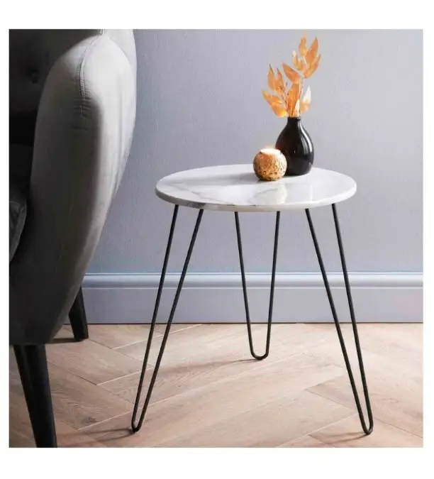 Malvern White Marble Effect Side Table with Black Hairpin Legs – 40cm x 40cm x 45cmza