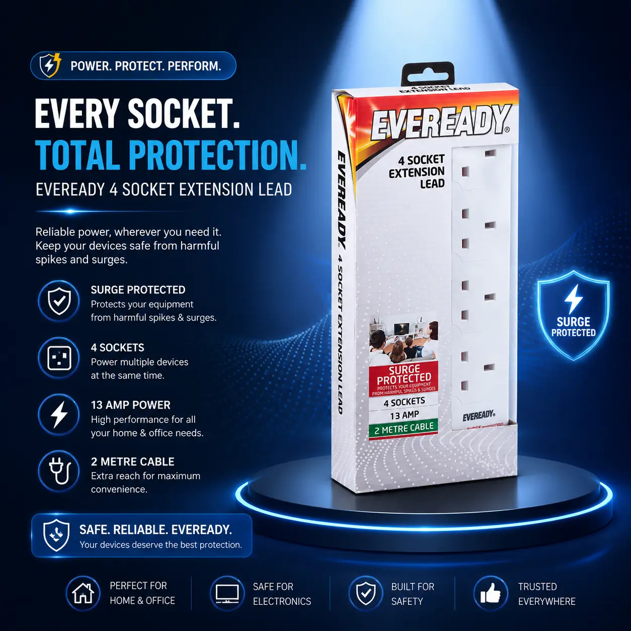 Eveready 4 Socket Surge Protected Extension Lead