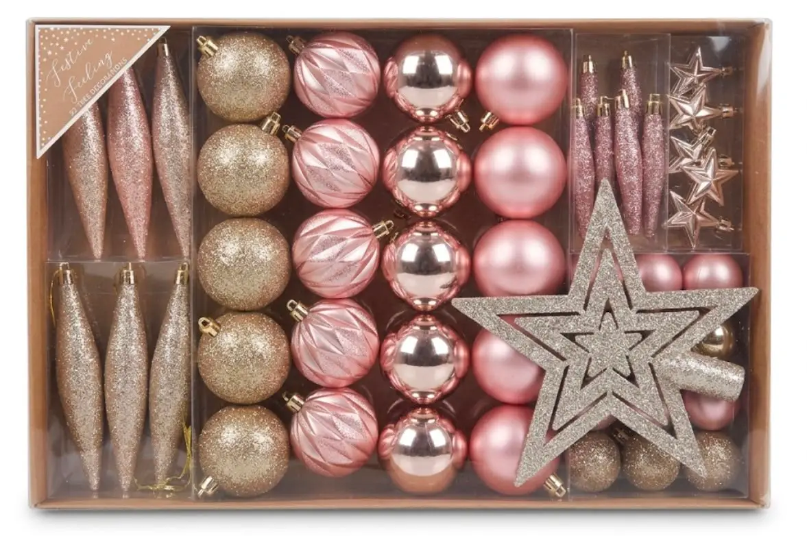 Festive Feeling 52-Piece Rose Gold & Champagne Christmas Tree Decoration Set with Star Topper