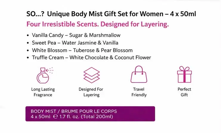 Unique Body Mist Gift Set for Women – 4 x 50ml Fragrance Body Sprays | Vanilla Candy, Sweet Pea, White Blossom & Truffle Cream | Ladies Perfume Gift Set - Image 4