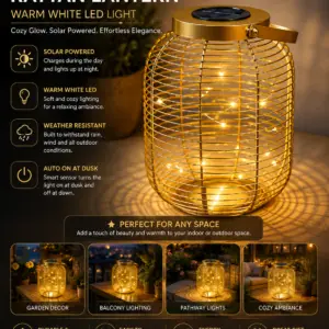 Gold Metal Wire Solar Lantern – Warm White LED Outdoor Garden Lantern with Handle