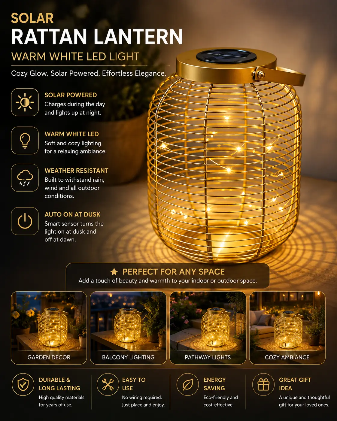 Gold Metal Wire Solar Lantern – Warm White LED Outdoor Garden Lantern with Handle