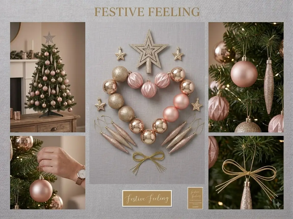 Festive Feeling 52-Piece Rose Gold & Champagne Christmas Tree Decoration Set with Star Topper - Image 2