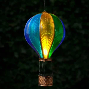 Solar Powered XL Blue Hot Air Balloon Flame Effect LED Hanging Garden Light