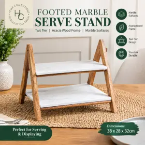 Footed Marble Serve Stand 2 Tier Acacia Wood Serving Display Stand 38 x 28 x 32cm