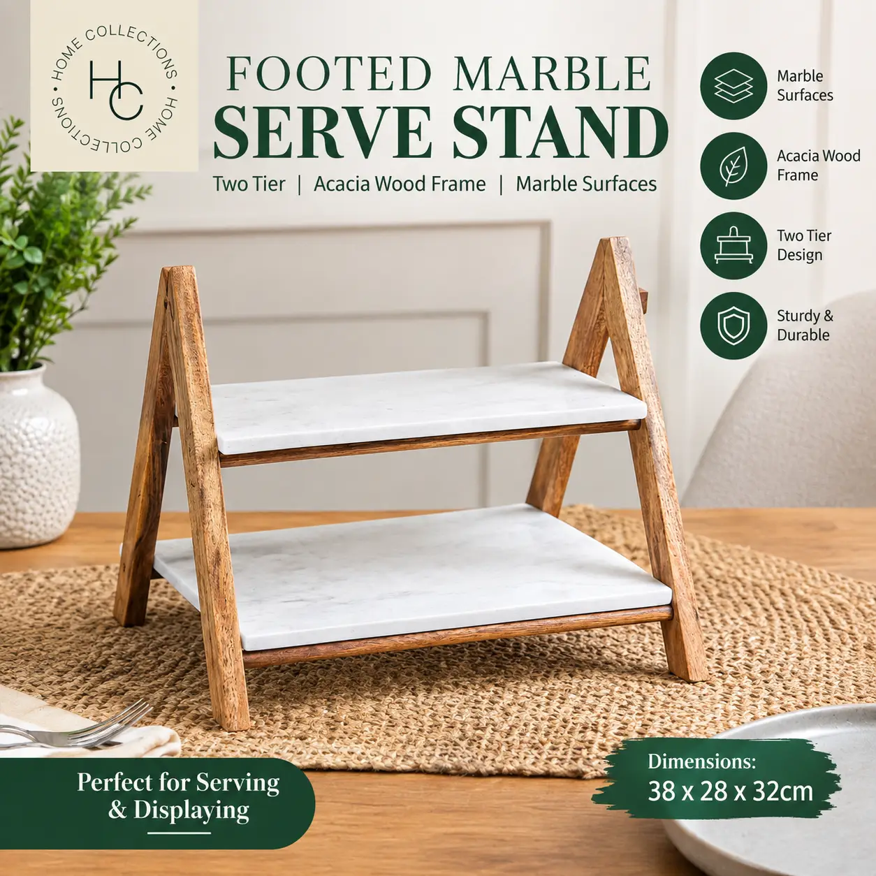 Footed Marble Serve Stand 2 Tier Acacia Wood Serving Display Stand 38 x 28 x 32cm