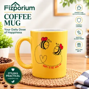 Bee Design Yellow Ceramic Coffee Mug Glossy Finish Cute Gift Cup Hot Cold Drinks