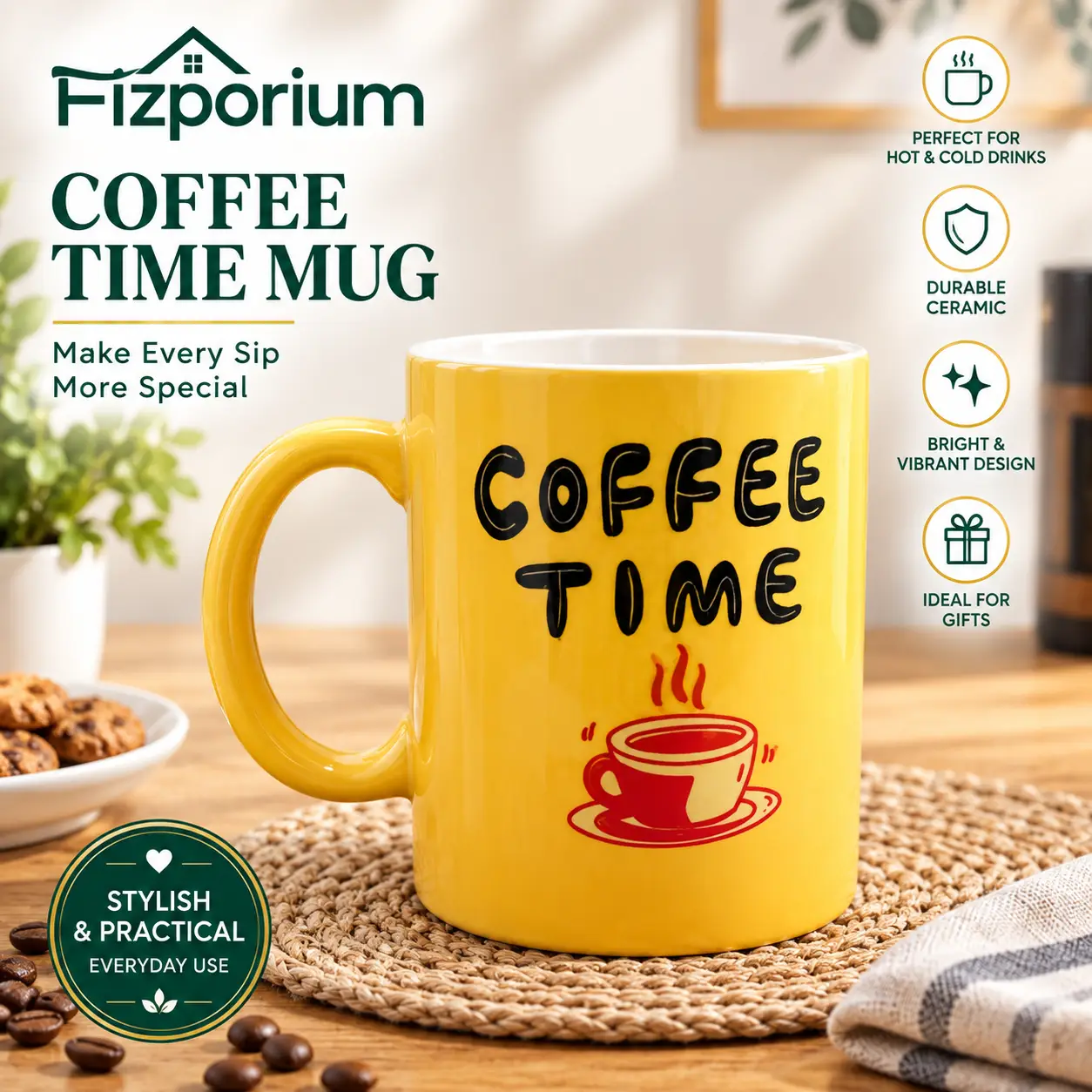 Yellow Coffee Mug Ceramic Coffee Cup Stylish Glossy Finish Hot & Cold Drinks Gif