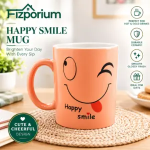 Happy Smile Mug Pink Ceramic Coffee Cup Cute Face Design Smooth Glossy Finish Gi