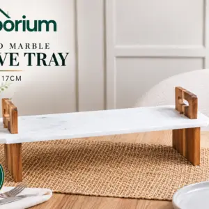 Footed Marble Serve Tray 50 x 17 x 17cm Acacia Wood Handles Serving Tray