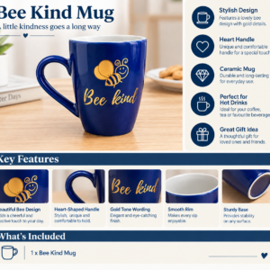 Bee Kind Mug Blue Ceramic Coffee Tea Cup Gold Bee Heart Shaped Handle Gift